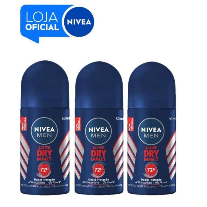 KIT NIVEA MEN Desodorante Antitranspirante Roll On Dry Impact 50ml  - 3 unidades BBB 26 em Oferta na Shopee