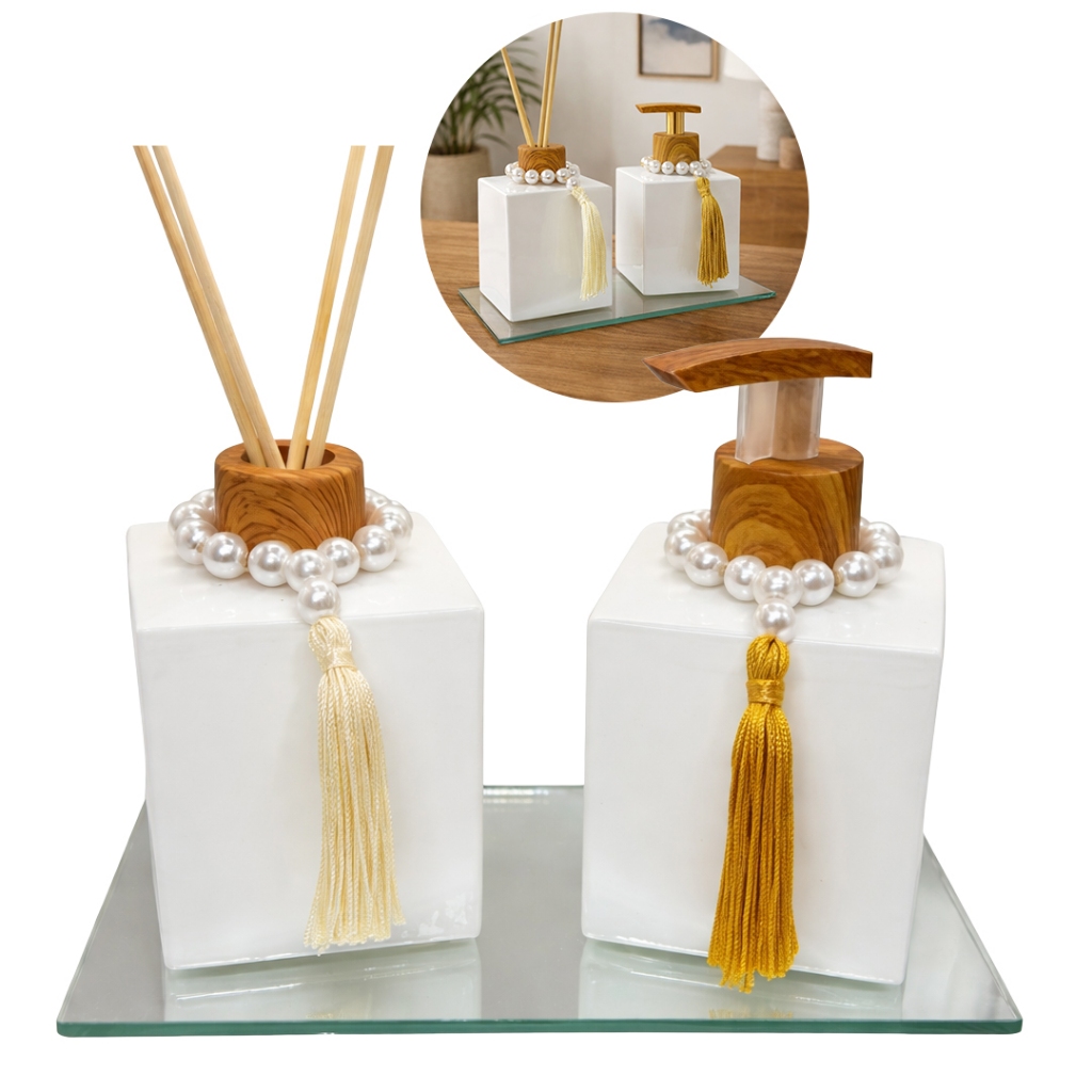 Kit lavabo BICOLOR Vidro Cubo Branco 250ml Saboneteira e Aromatizador em Oferta na Shopee