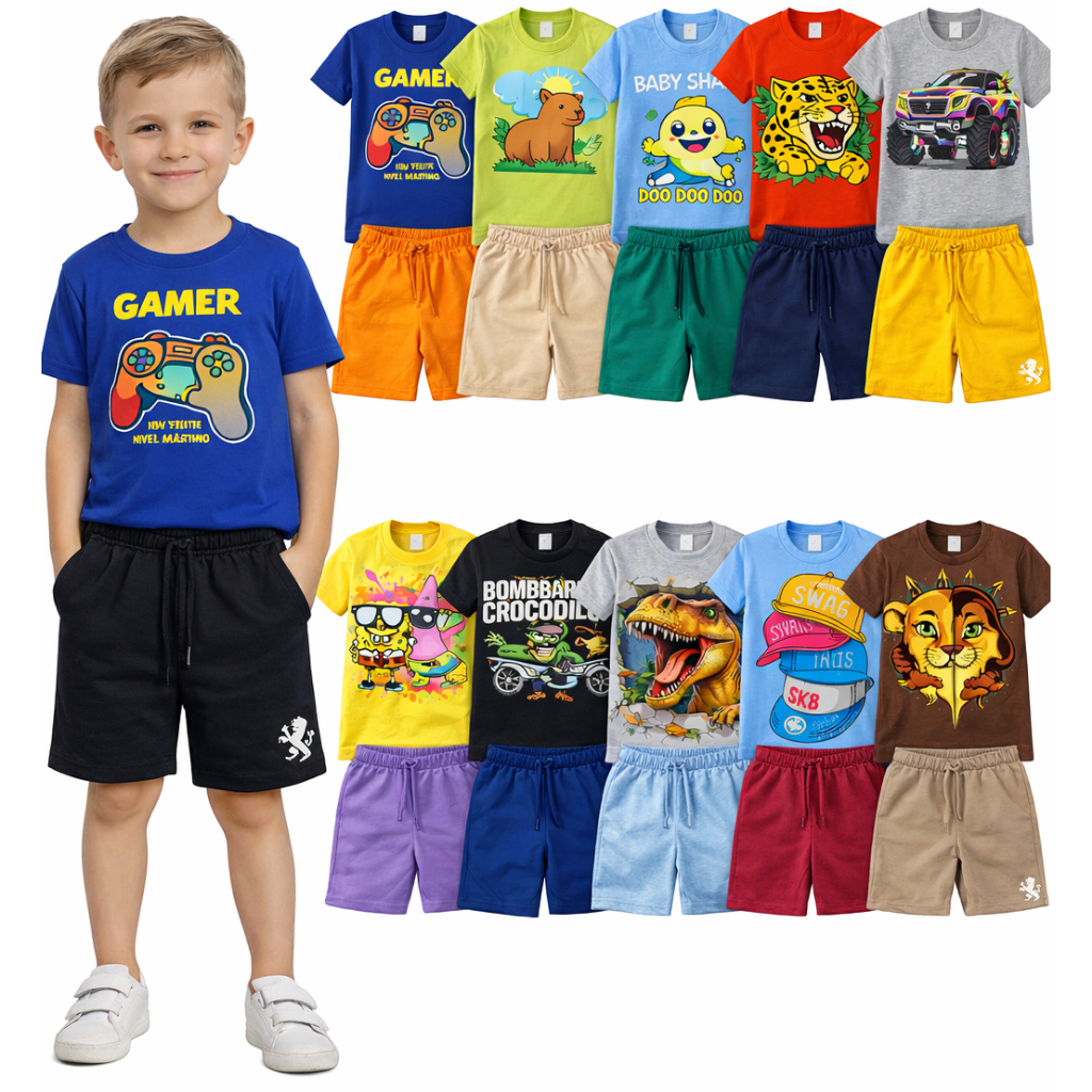 Kit Sortido 4 Peças de Roupas Infantil Menino Kit 2 Conjuntos Menino 2 Camisetas + 2 Bermudas Verão Masculino Juvenil em Oferta na Shopee