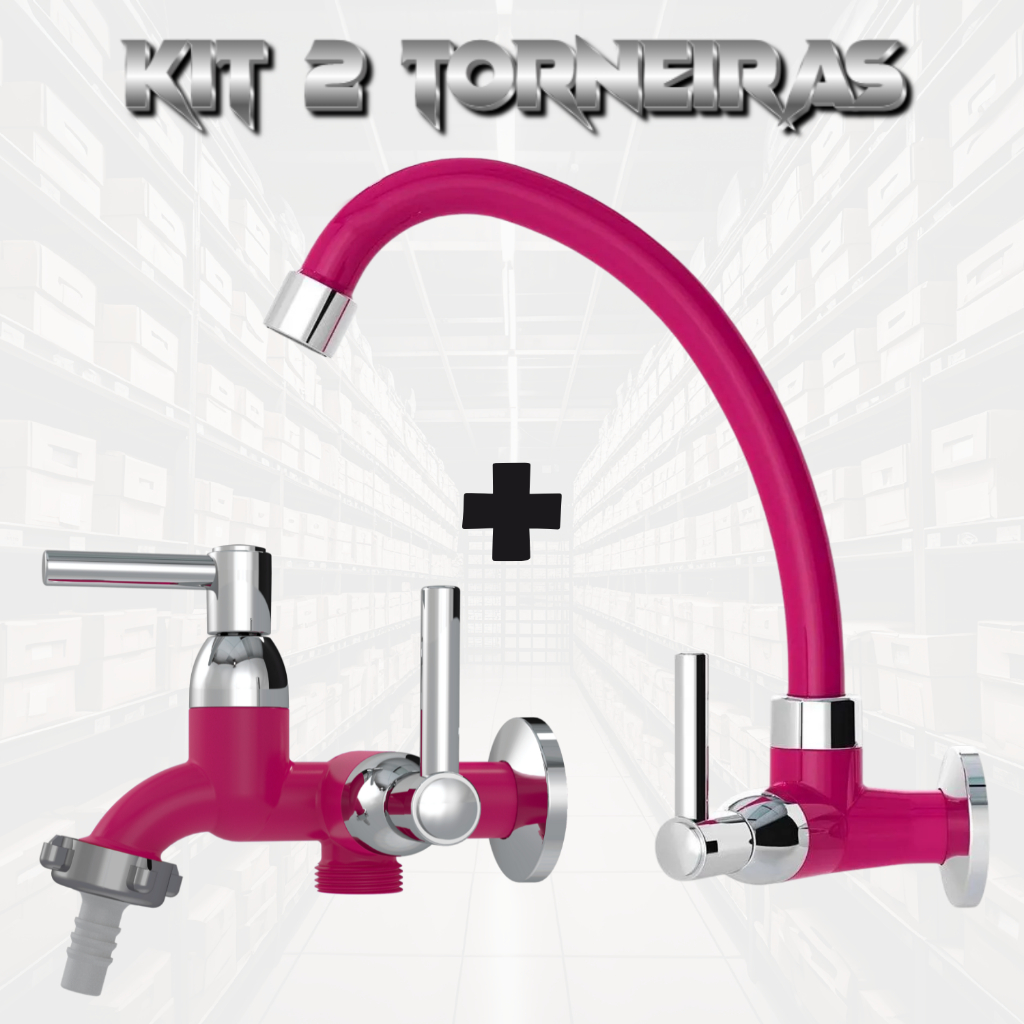 Torneira Rosa Para Cozinha Pia Parede + Torneira Tanque 2 Saídas para Máquina de Lavar Rosa Abs