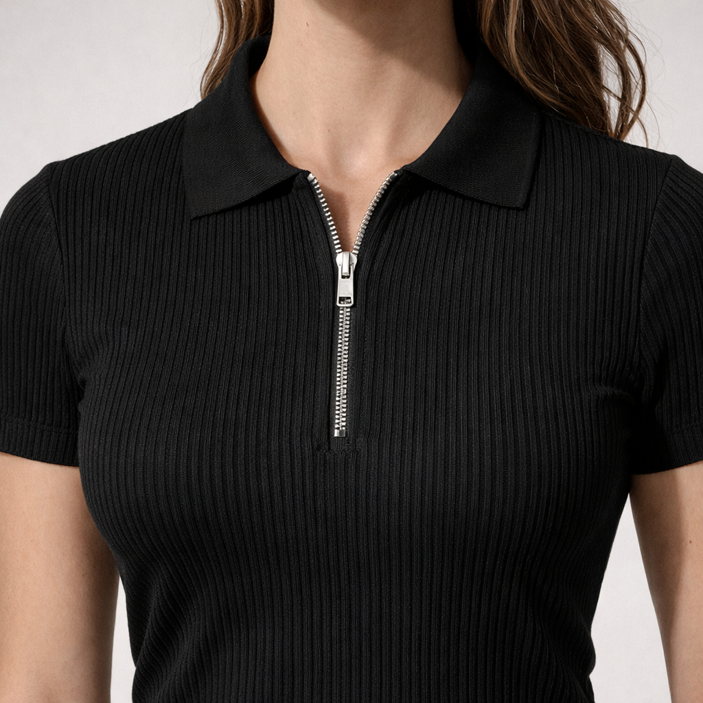 Polo Canelada Feminina Manga Curta Camisa Com Ziper Malha Premium