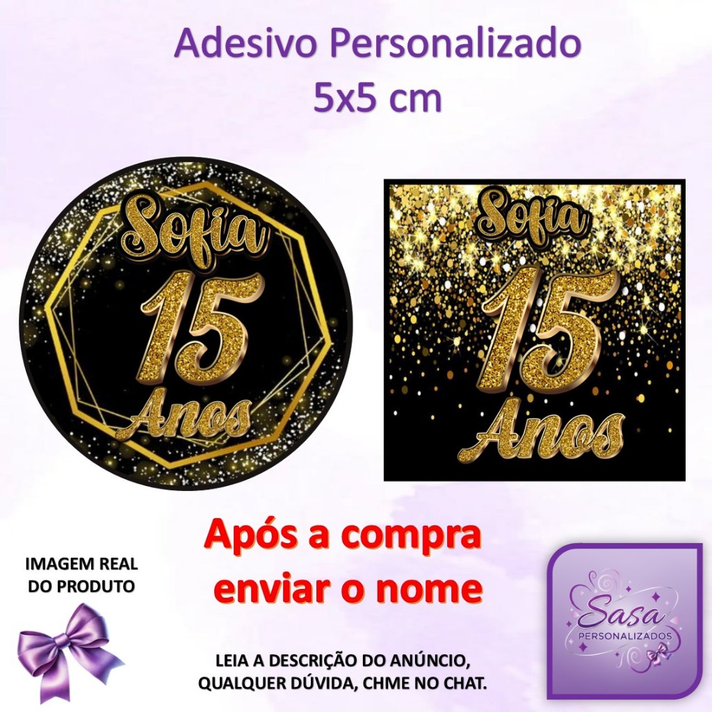 TAG RÓTULO ADESIVO 15 ANOS PRETO / DOURADO - 40/60/100 unidades REDONDO OU QUADRADA SEM RECORTE em Oferta na Shopee