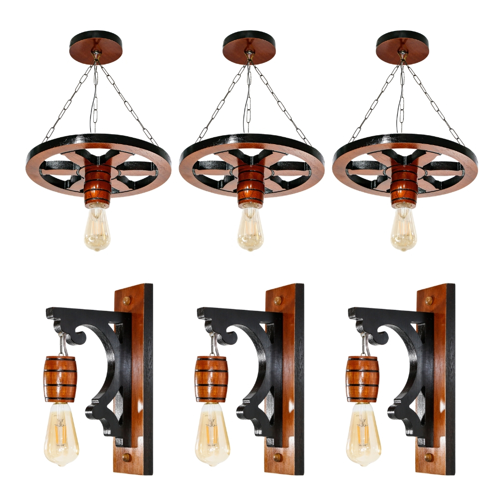 Kit 6 Luminárias Pendente Roda de Carroça e Luminárias Arandela Retrô Para Decoração - Mogno