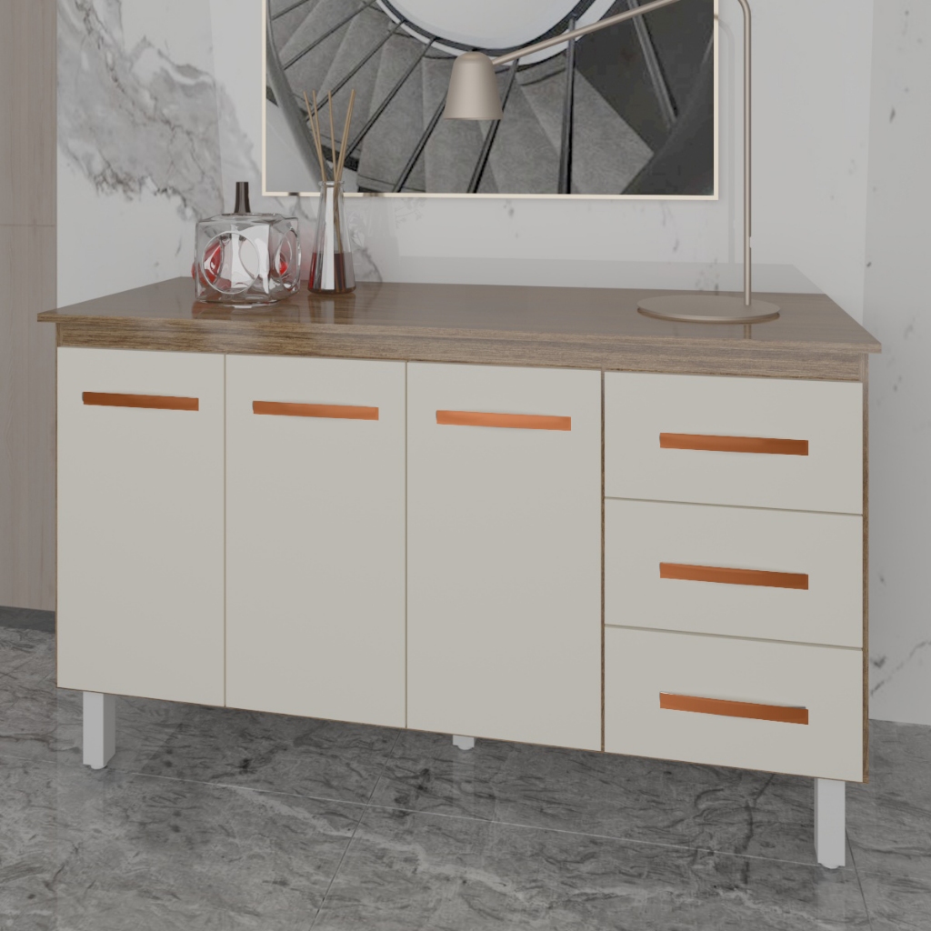 Armário Deise Cozinha Gabinete de Pia 150 cm Savana Off White e Tampo Tampão 150 cm Mobília Decor Savana