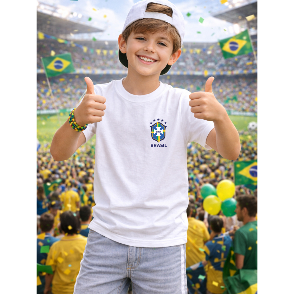 Camiseta Escudo Brasil Infantil Menino Juvenil Copa do Mundo Brasileiro Algodão DTF06