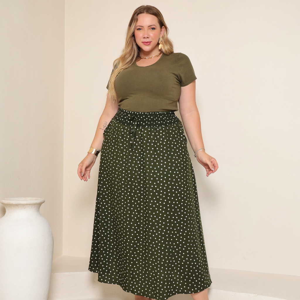 Saia Longa Viscolinho Estampada Forrada Moda Verão Cintura Alta com Bolso Elastico e Fendas Laterais Plus Size