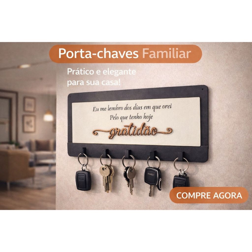 Porta Chaves 5 Ganchos Parede Decoração Moderna Madeira MDF EU ME LEMBRO DOS DIAS QUE OREI GRATIDÃO
