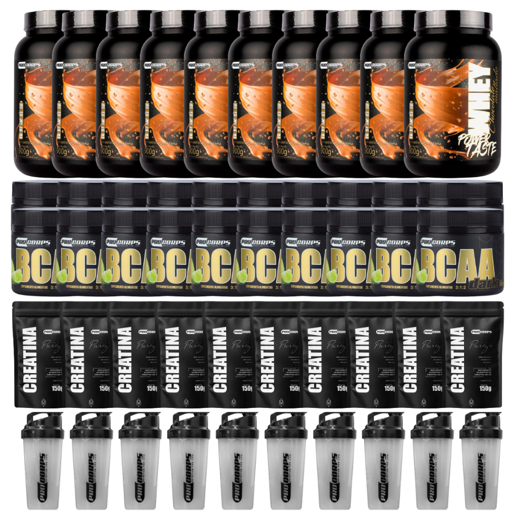 Super Kit 40 Itens - Whey Power taste 900g + Creatina Pura 150g  + BCAA 150g  + Shaker – Ideal para Revenda
