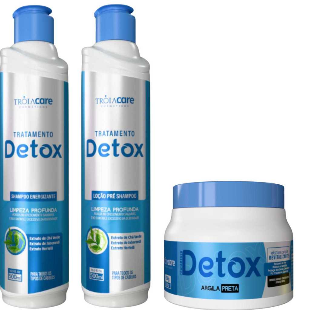 KIT Detox Capilar Tróia Hair 500ml — Shampoo + Loção + Máscara Argila Preta | Limpeza Profunda, Controle da Oleosidade