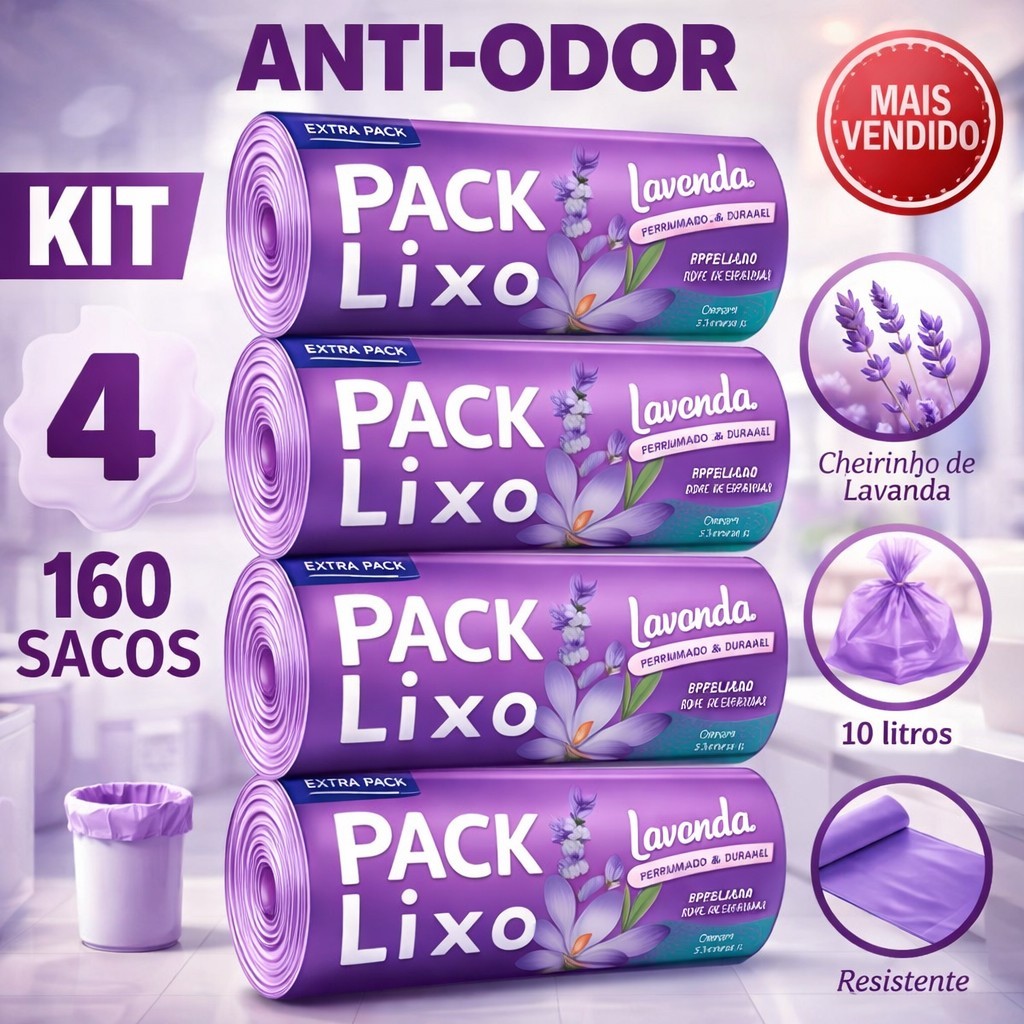 Kit 4 Sacos de Lixo Perfumados Lavanda |  Pia e Banheiro |160 Sacos | 34x38cm | Neutraliza Odores
