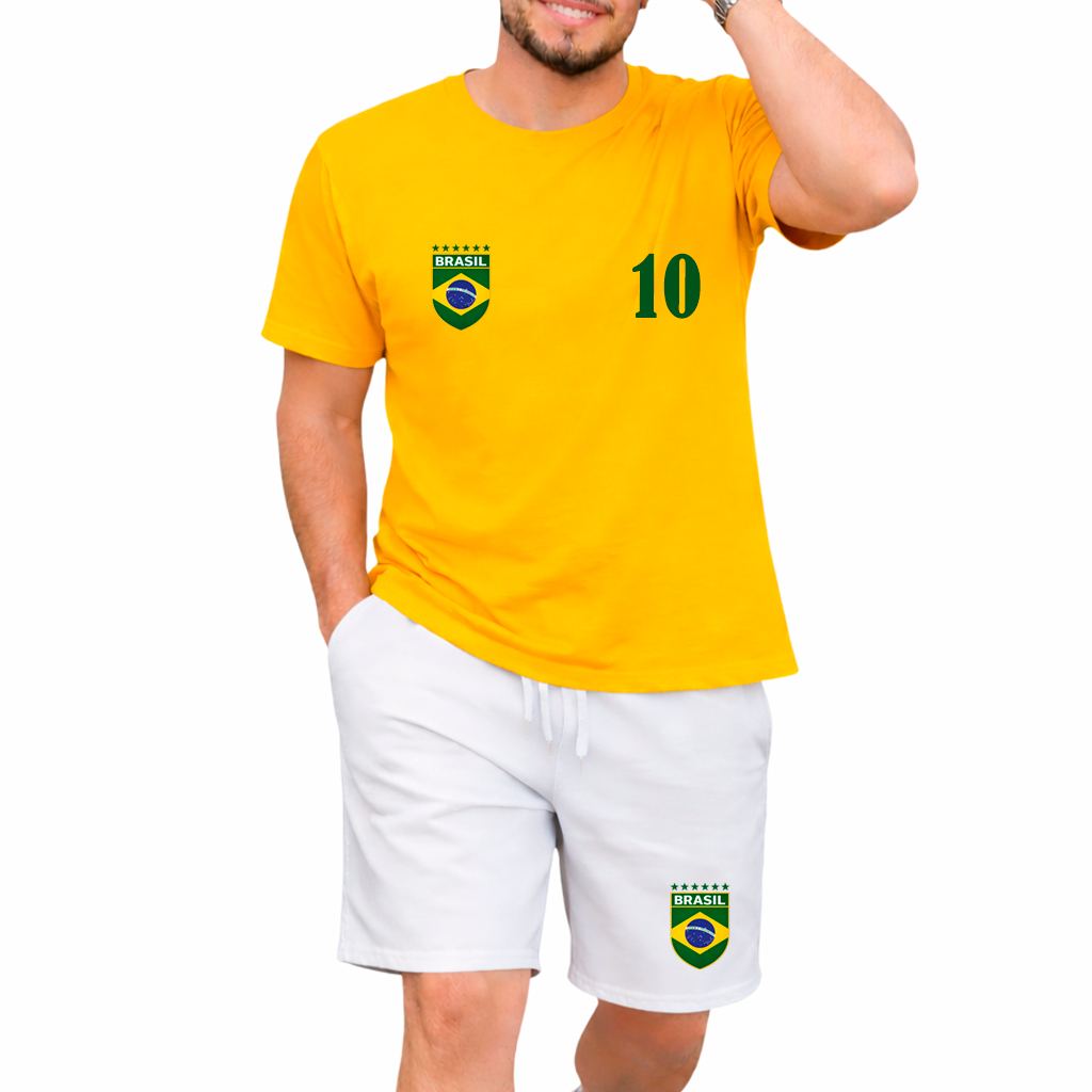 Kit Masculino Bermuda Tactel e Camiseta Algodão Lançamento 2026 Brasil Copa Hexa Conjuntos De Qualidade
