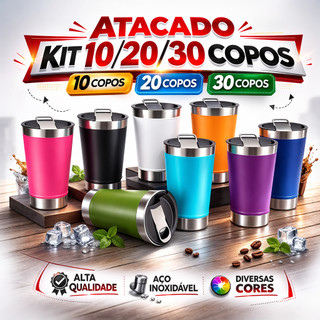 Kit 10/20/30 Copos Térmicos 473ml Com Tampa e Abridor de Garrafas para Cervej. Em Diversas Cores