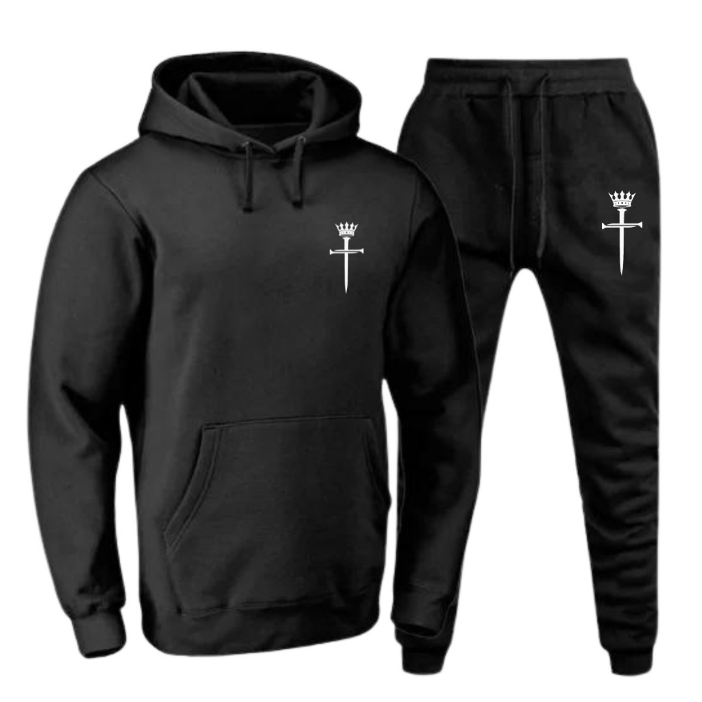 Conjunto Moletom Blusa Frio Casaco Algodão Canguru Estampado Espada + Coroa ADULTO Não Encolhe Bolso Confortavel
