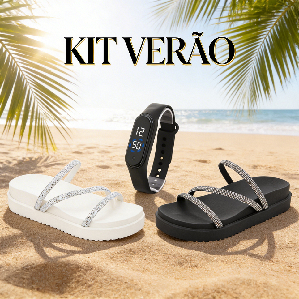 Kit Sandália Feminina Plataforma Branca Linda ou Preta Linda + Smartband Digital Relógio Fitness – Promoção Exclusiva