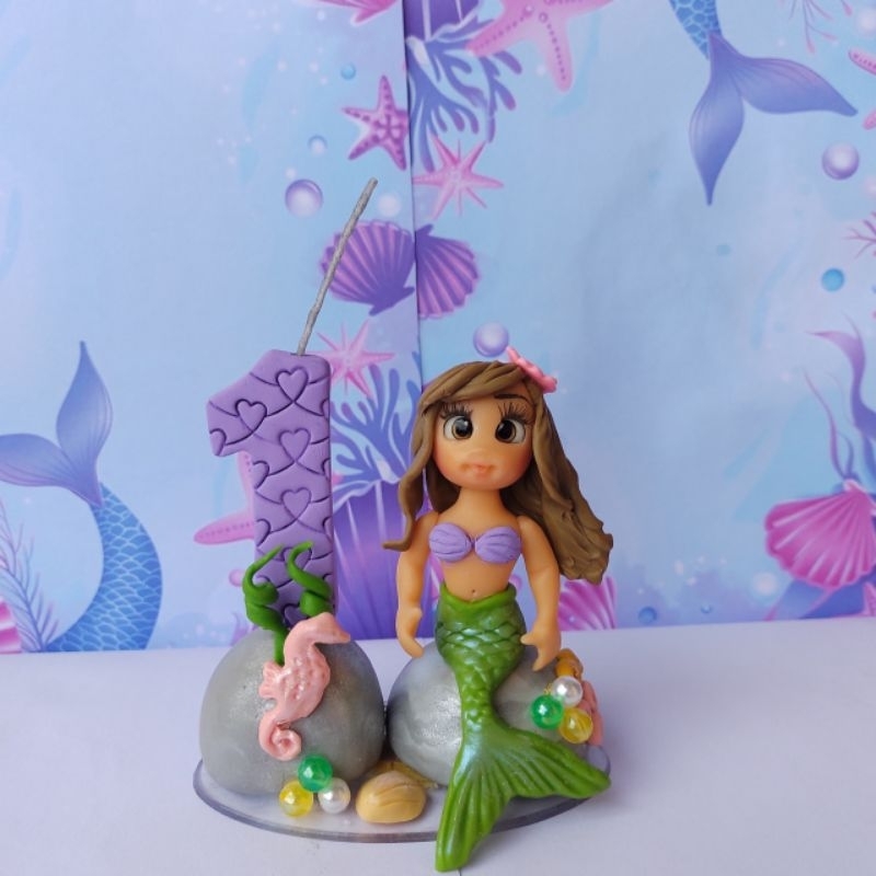 Vela Sereia/ Festa Sereia/Topo de Bolo/Topper de Bolo/Biscuit/Vela Personalizada/Kit Laço e Vela