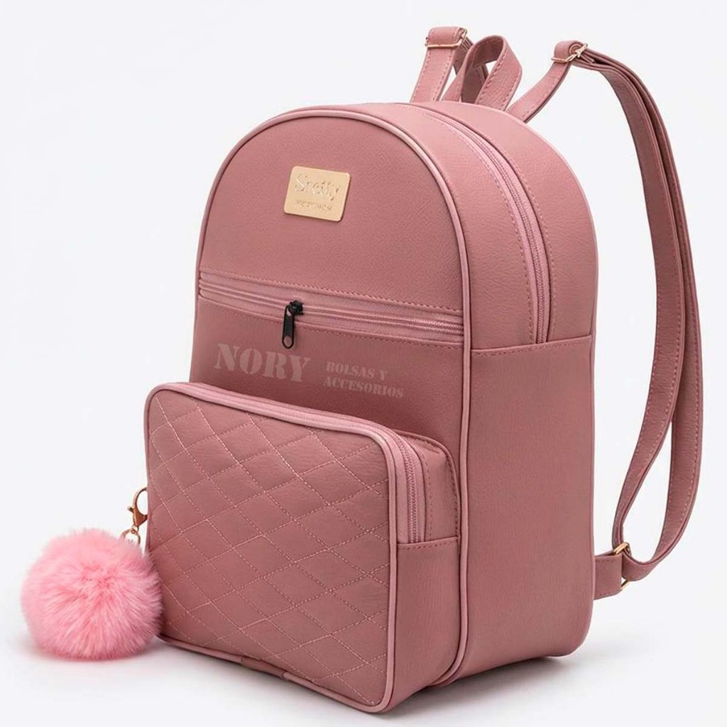 Bolsa Mochila Feminina Media de Costas Courino Elegante com Alças Reguláveis + Pom Pom