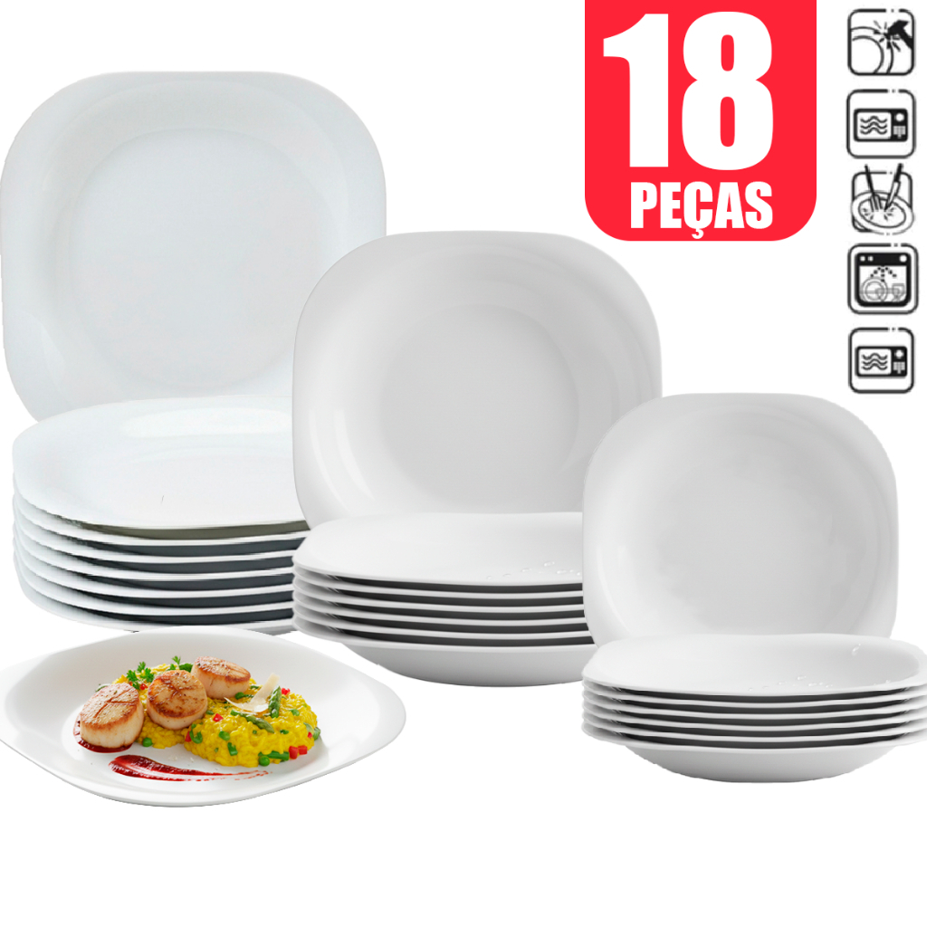 Kit Jogo de 18 Pratos Quadrados branco Vidro Opaline Liso Sendo 06 Pratos Raso 06 Fundo 06 Sobremesa