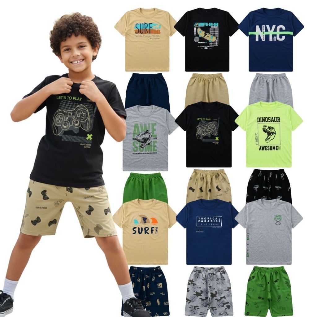 Kit 4 Peças Conjunto Infantil Menino Juvenil Masculino 10 ao 16 Anos Bermuda Camisas Barato Algodão em Oferta na Shopee