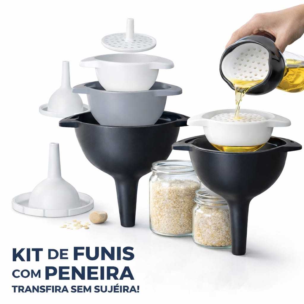 kit com 3 Funil de Plástico Grande Médio Pequeno Com Coador Removivel Cozinha Multiuso Prático