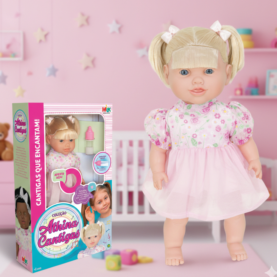 Boneca grande Coleção Athína Cantigas canta Loira mamadeira magica vinil macia
