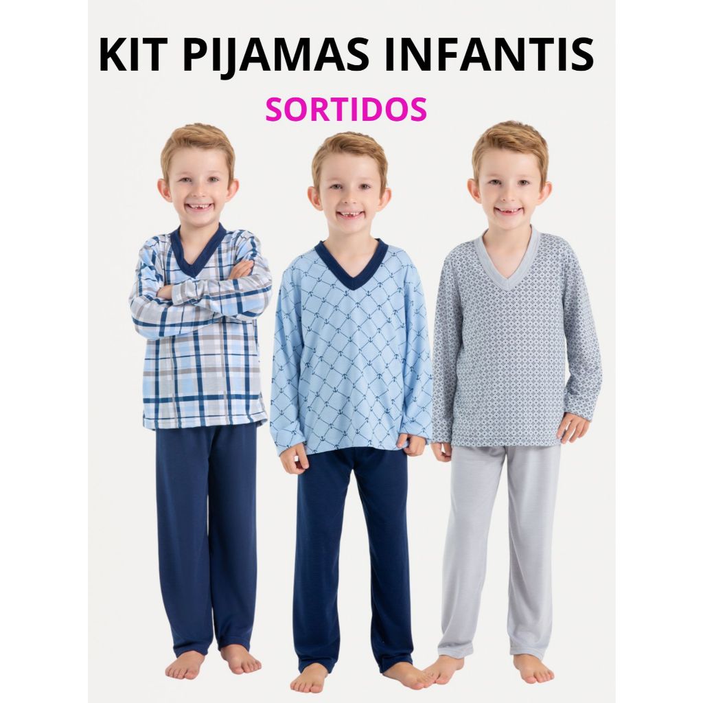 Kit Sortido Pijama Infantil Inverno Manga Longa Estampado Conjunto Calça e Blusa Confortável