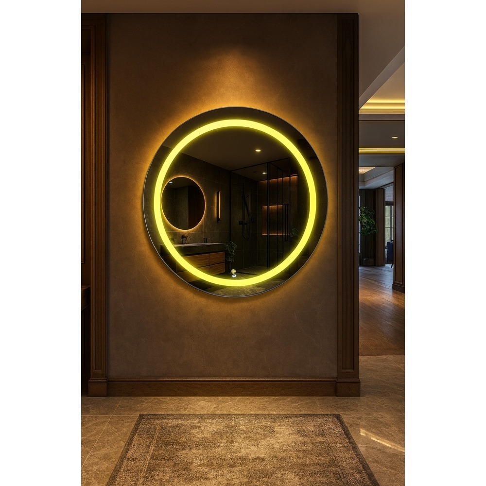 Espelho Redondo 50cm x 50cm Led Jateado Grande Decorativo Bivolt Moderno Quarto 