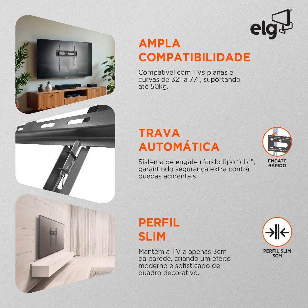 Suporte Fixo de Parede TV 32 a 77 Pol 50kg VESA 400x400 Slim Trava ELG FIX400 · foto 2