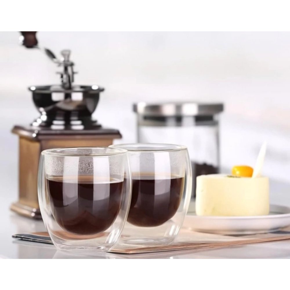 Conjunto 2 Copos Vidro Parede Dupla Café Chá Chocolate Quente Licor Wisk  Resistência Térmica80ml