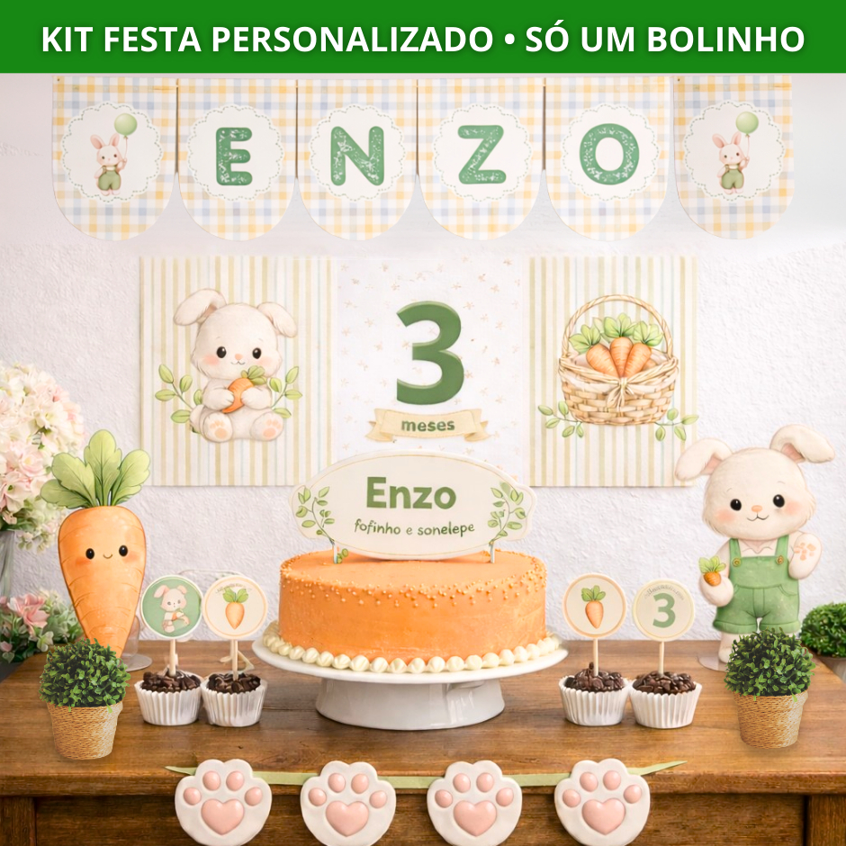 Decoração Aniversário Mesversário Coelhinho Personalizado I Kit Festa Pegue e Monte I Decoração Festa Infantil