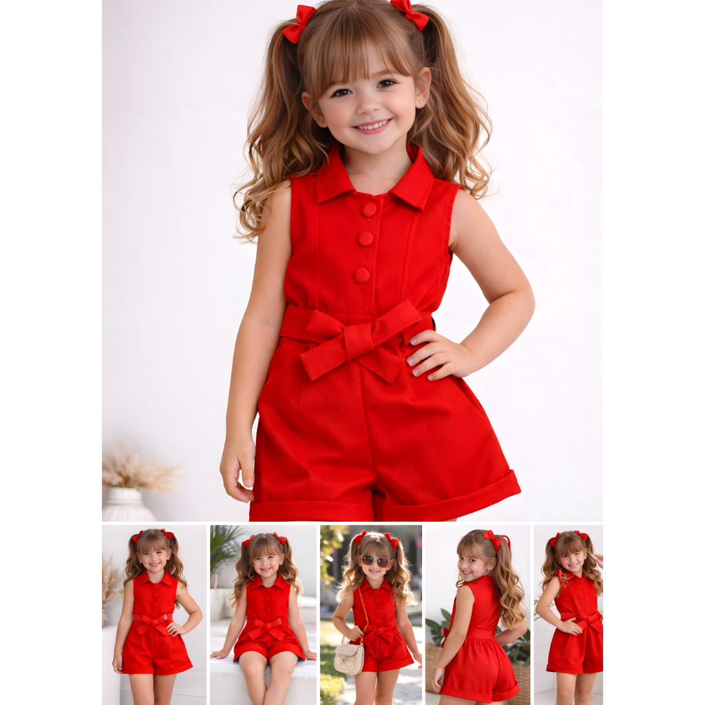 Macaquinho Infantil Feminino 2 ao 8 com Gola e Laço | Verde, Vermelho, Azul e Branco