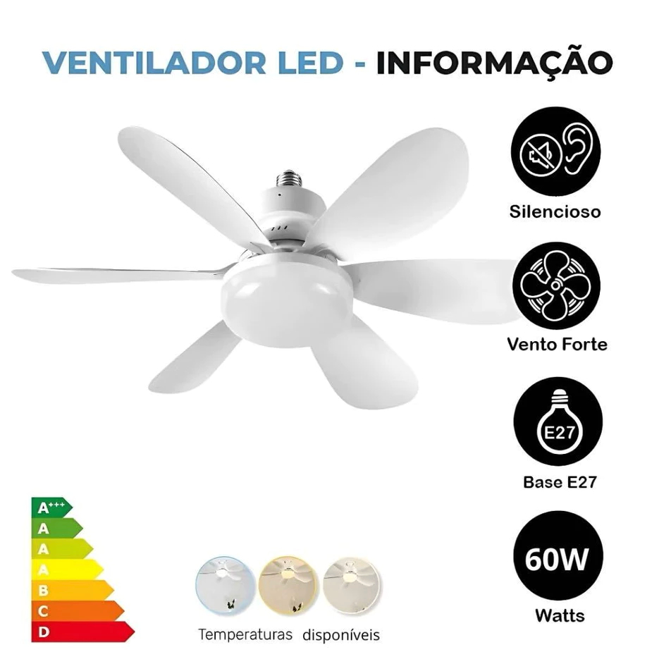 Ventilador de Teto Silencioso 60W/80w/100W 6 Pás LED 3 Cores E27 Controle Bivolt