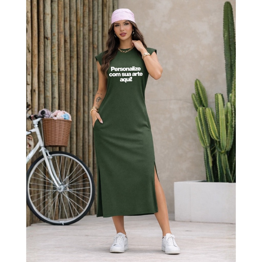 Vestido Midi Feminino Algodão Premium com Elastano Personalizado Foto Logo Arte Exclusivo