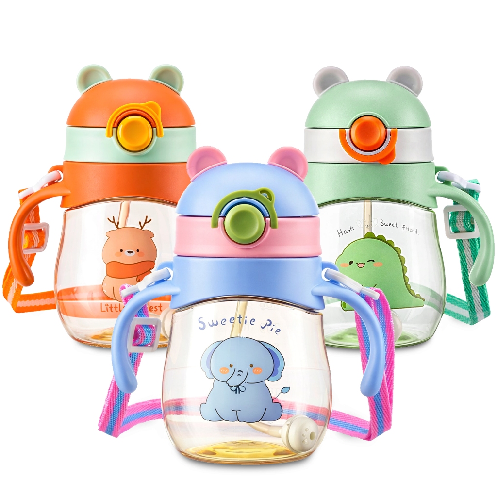 Copo Infantil Com Canudo Silicone Antivazamento Transição Treinamento Crianças Alça e Medidor
