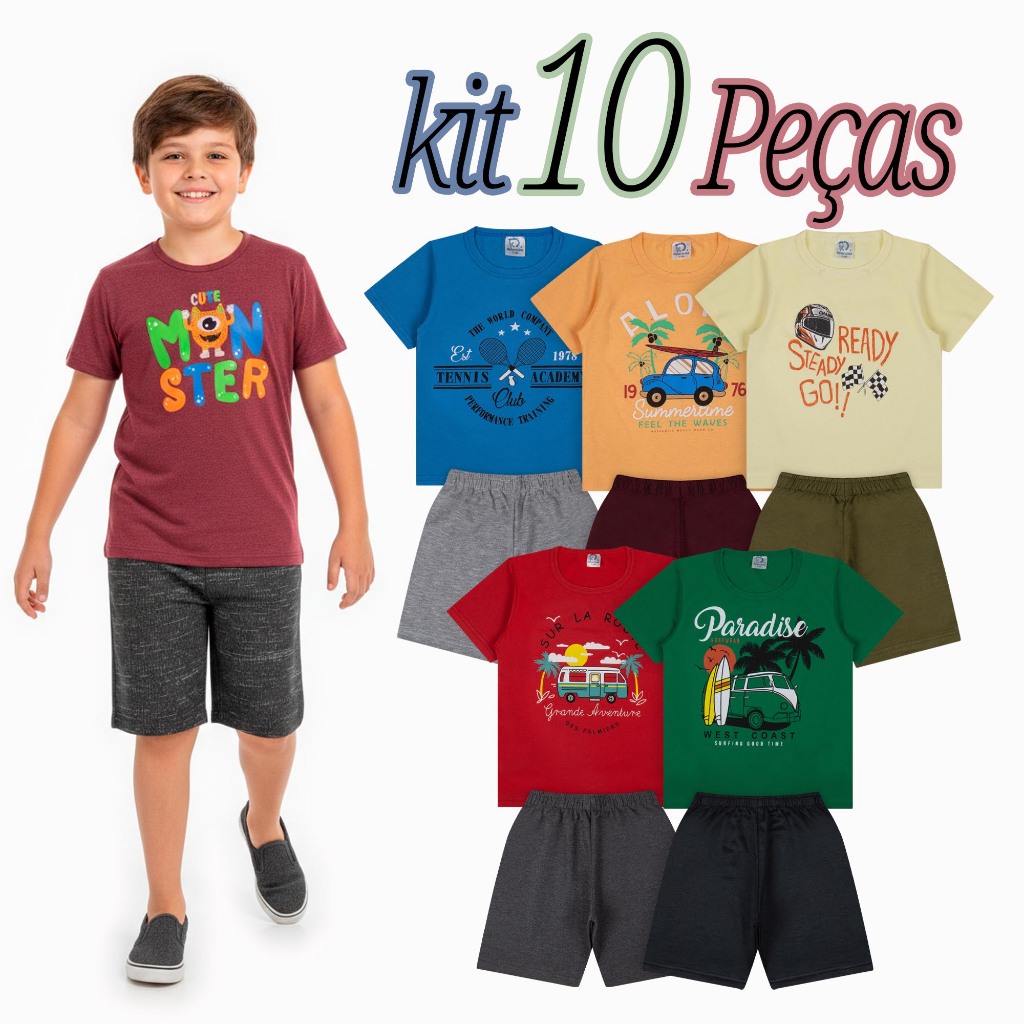 Kit Básico 10 Peças Roupa Infantil Menino Camiseta 100% Algodão+Short de Moletinho Kit c/5 Conjuntos