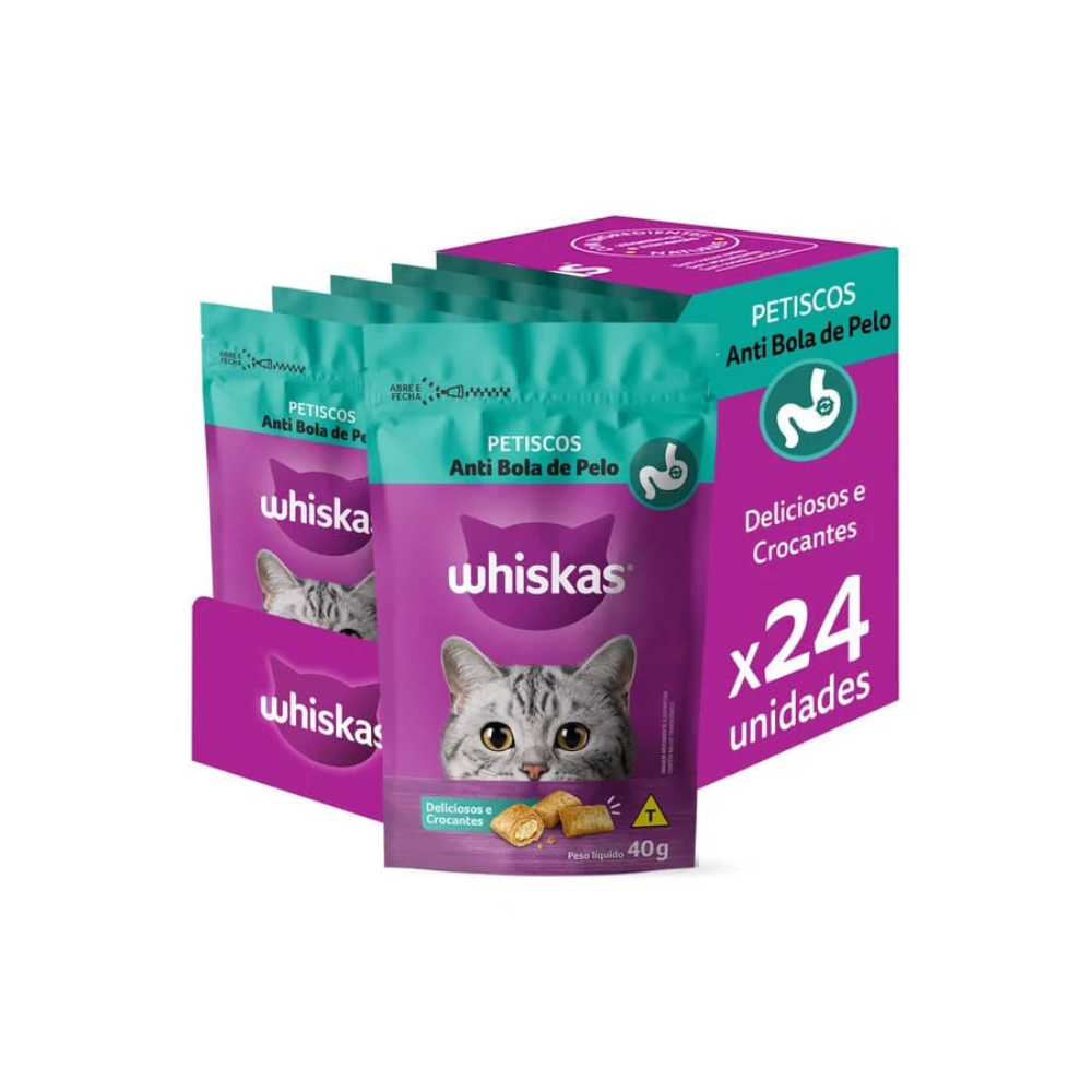 Kit Petisco Anti Bola de Pelo Para Gatos Adultos 40g 24 Unidades Whiskas