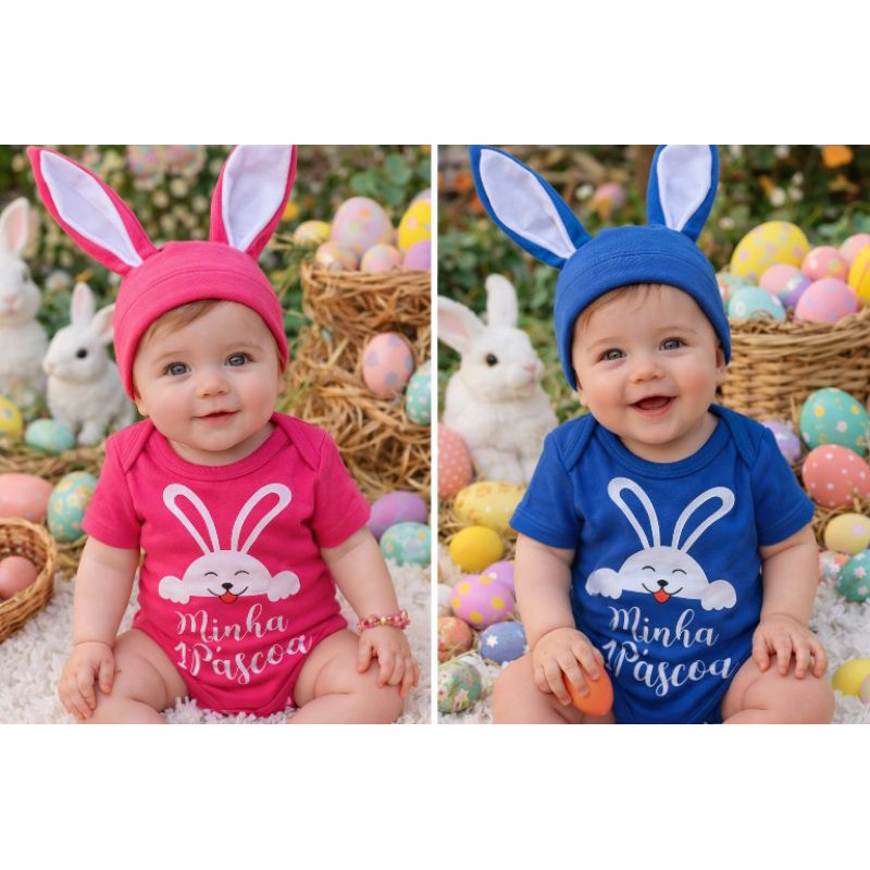 Body Bebê + Touca Páscoa Temático Coelho Mesversário em Oferta na Shopee