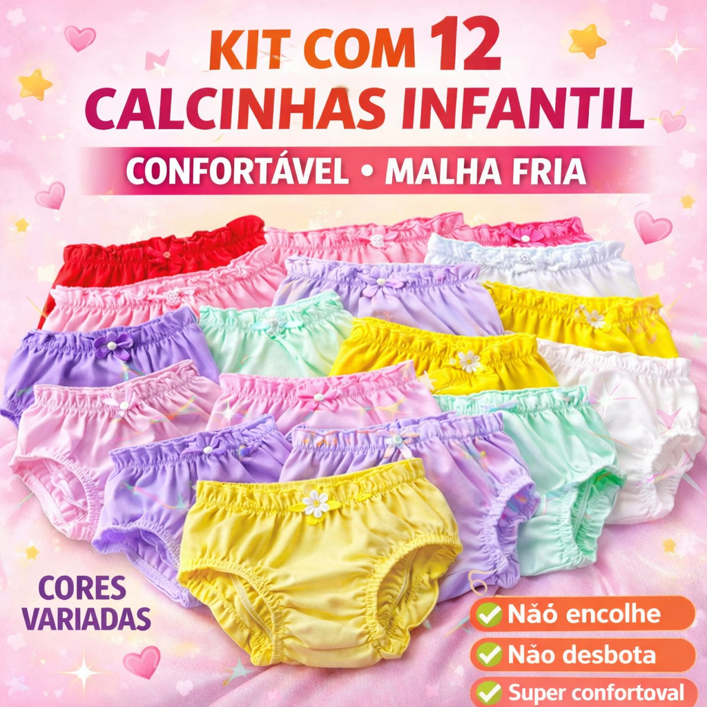 🌸 Kit 12 Calcinha Infantil Bebê Menina Frufru Lisa Malha Fria Confortável