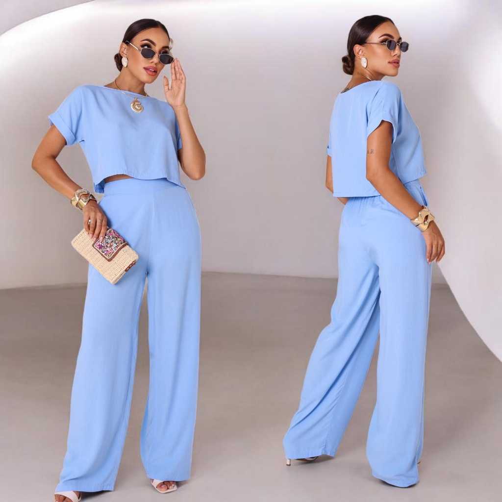 Conjunto Feminino Calça Pantalona Wide Leg Reta Elastico na Cintura Alta com Blusa Cropped M G. em Oferta na Shopee
