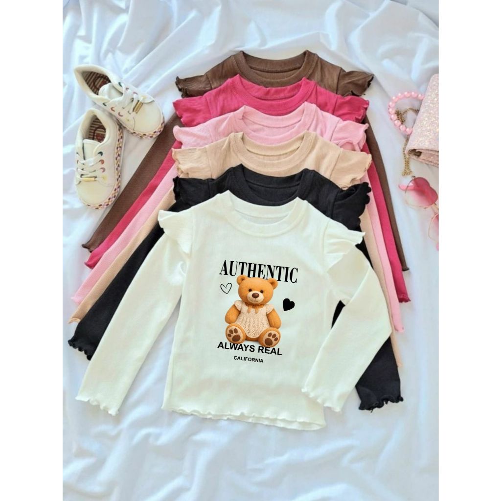 Blusa Infantil Urso Authentic Menina Manga Longa Inverno Canelado Ribana DTF03