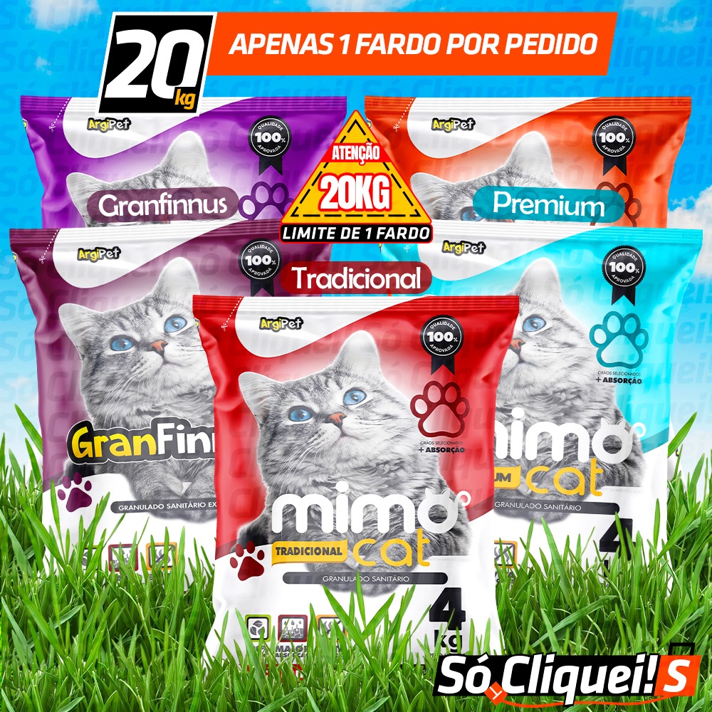 Kit Fardo 5 Pacotes Areia Granulado Sanitário Extra Fina Perfumado Forma Torrões Absorção Antiodor Mimo Cat Argipet 20KG em Oferta na Shopee