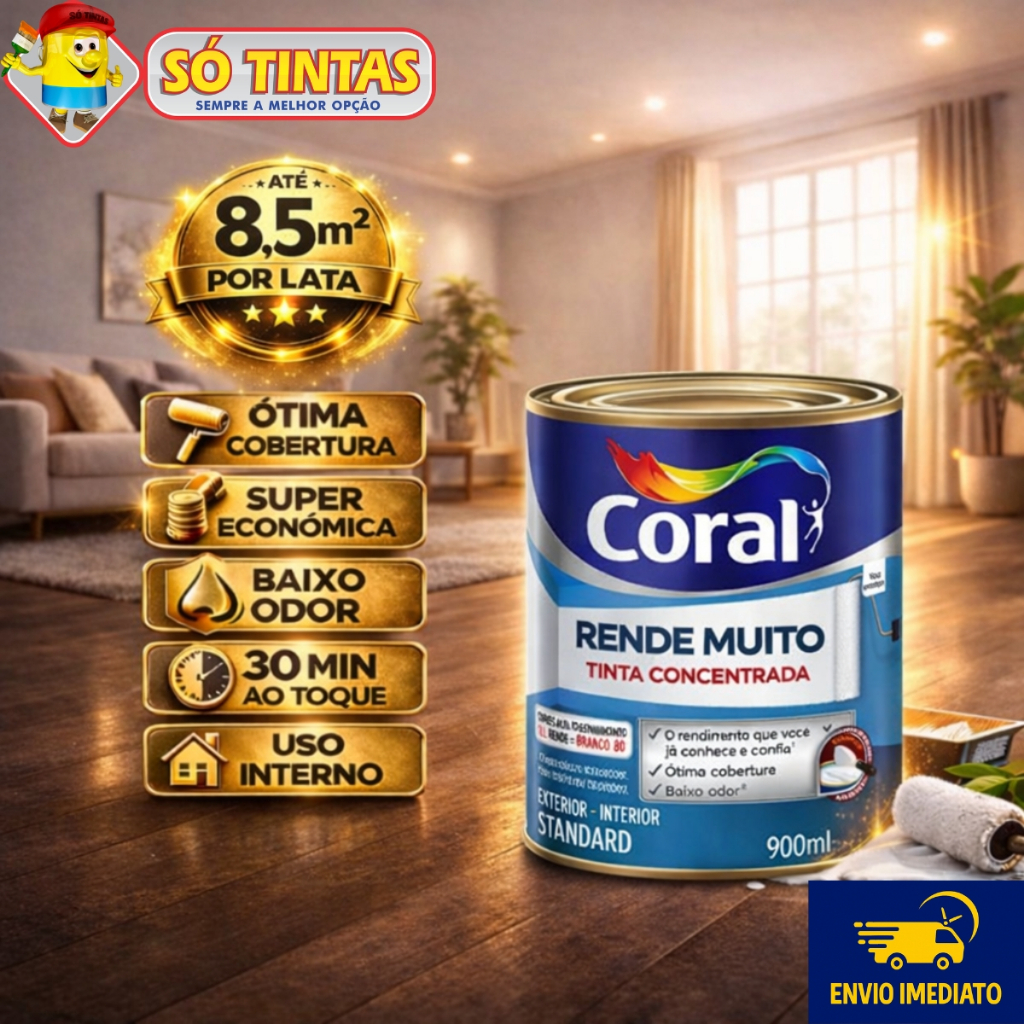 Tinta Acrílica Coral Rende Muito 900 ML Fosca Lavável Standard Rendimento, Secagem Rápida, Cores em Oferta na Shopee