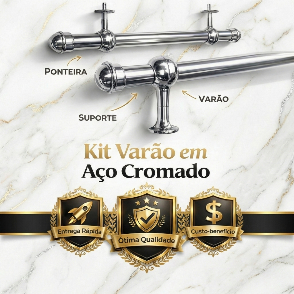 Kit Varão de Cortina Aço Cromado Design Moderno Alta Resistencia 28mm