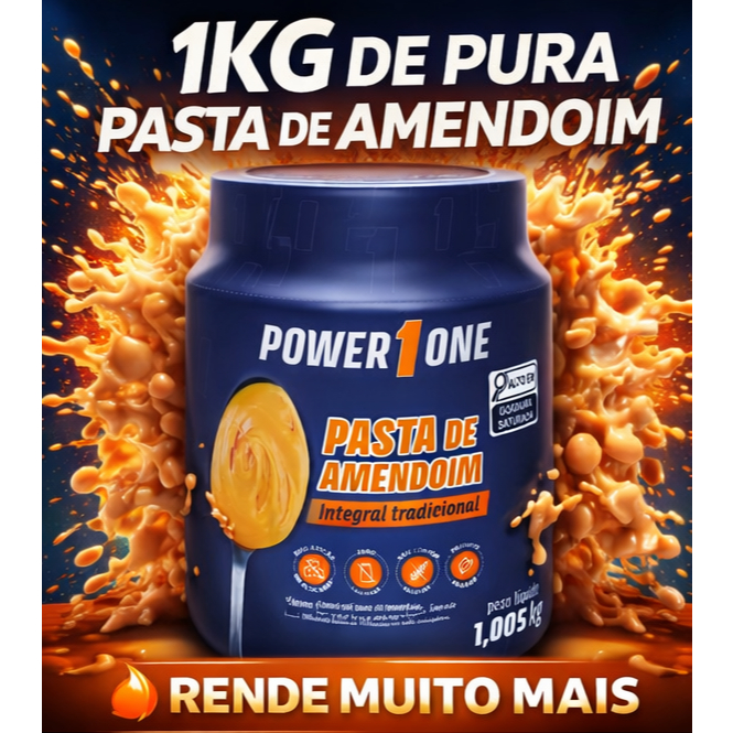 Pasta de Amendoim Integral Tradicional 1kg Power One 100% Amendoim Sem Açúcar Sem Glúten Vegana