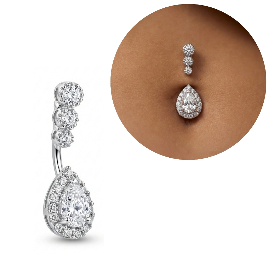 Piercing Umbigo Gota Cravejada Zircônias Aço Cirúrgico Hipoalergênico Feminino Prata Luxo
