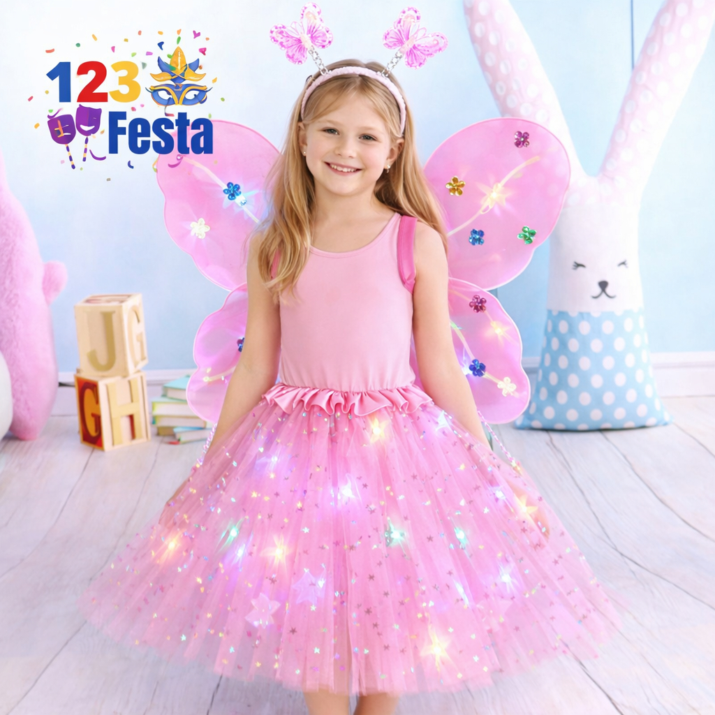 Kit Fada LED Saia + Tiara + Asa + Varinha com led - Pisca Fantasia Festa/ Carnaval