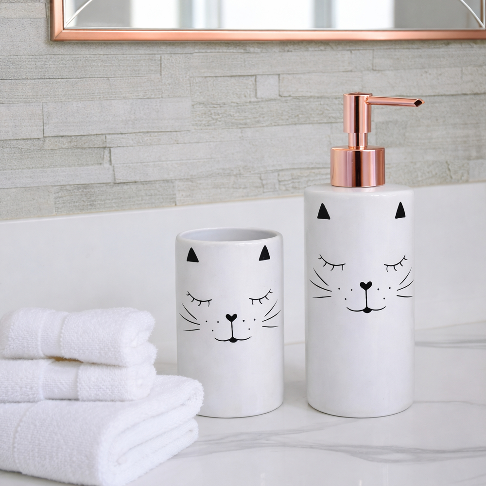 Kit Banheiro Dispenser Saboneteira E Porta Escova Gatinho Porcelana Lavabo 2 Peças em Oferta na Shopee