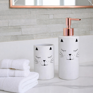 Kit Banheiro Dispenser Saboneteira E Porta Escova Gatinho Porcelana Lavabo 2 Peças em Oferta na Shopee