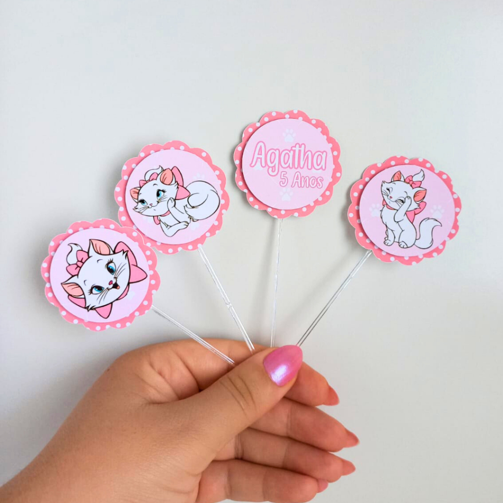 Topper de Doces ou Cupcake Gata Marie Rosa Menina 3D Personalizados /Lembrancinha de Festa /Aniversário / Festa Infantil