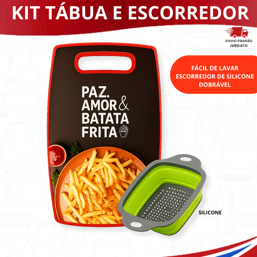 Kit Tábua De Corte E Escorredor Dobrável De Silicone Utensilio Para Cozinha Frutas Legumes Massas