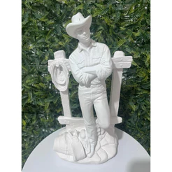 Imagem De Boiadeiro Na Porteira 30cm - escultura cowboy - Em Gesso Cru - Rico Em Detalhes.